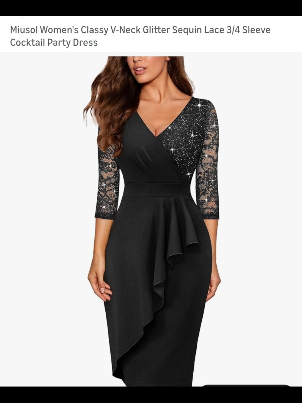 Miusol Women's Classy V-Neck Glitter Sequin Lace 3/4 Sleeve Cocktail Party Dress